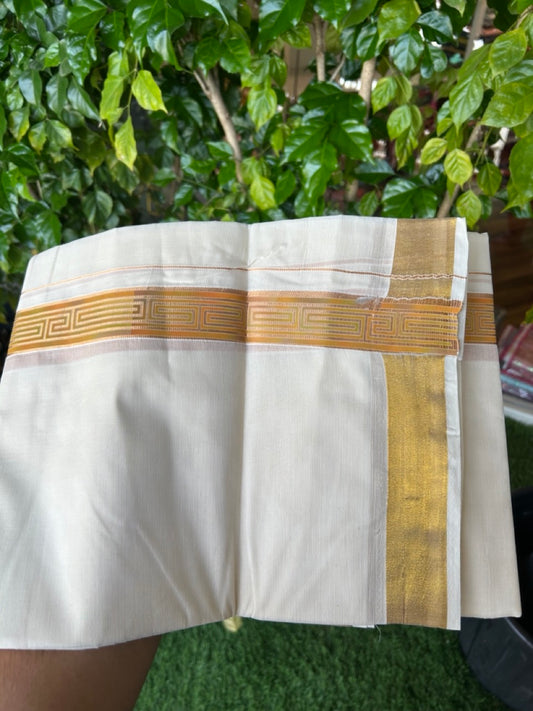 20% Discount!! KaithariKada Balaramapuram Mixed Cotton DOUBLE OFF WHITE - (Unbleached) Mundu/Dhoti - 80x72 - 1.25 inch Kasavu Mustard Yellow & light green pattern printed Kara - 106KK5227 PMC