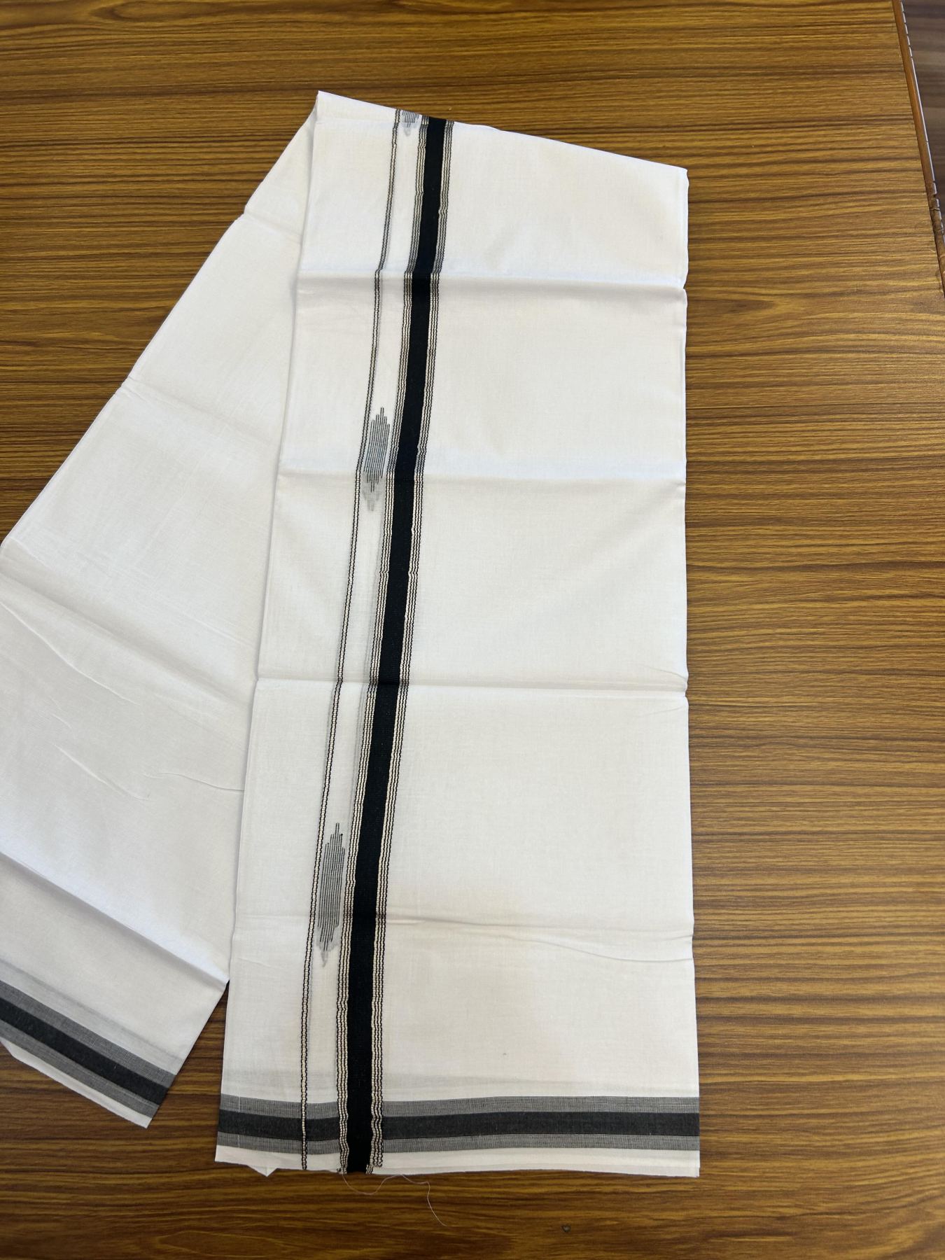 20% Discount ! Kaitharikada Balaramapuram 100% Cotton Pure White Double Mundu/Dothi - 100x80 - 1.5 inch Black & Silver Kasav Striped Design Kara 3.90 mtr (8 muzham) - 83 KK5356 VAS