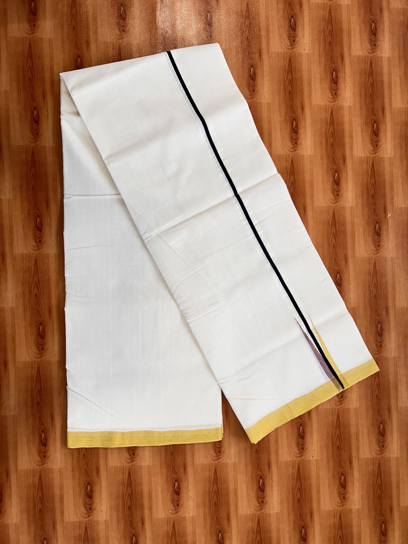 Double Off White (Unbleached) Mundu/Dhoti - 25% Discount!! KaithariKada Handloom Unakkupaav - Kerala Handloom - 100% Pure Cotton - 100x80 - 1 inch Black, Golden Yellow & Multi Colour Chutty Kara 4 meter (8.5 muzham) - 10 KK5436 REA