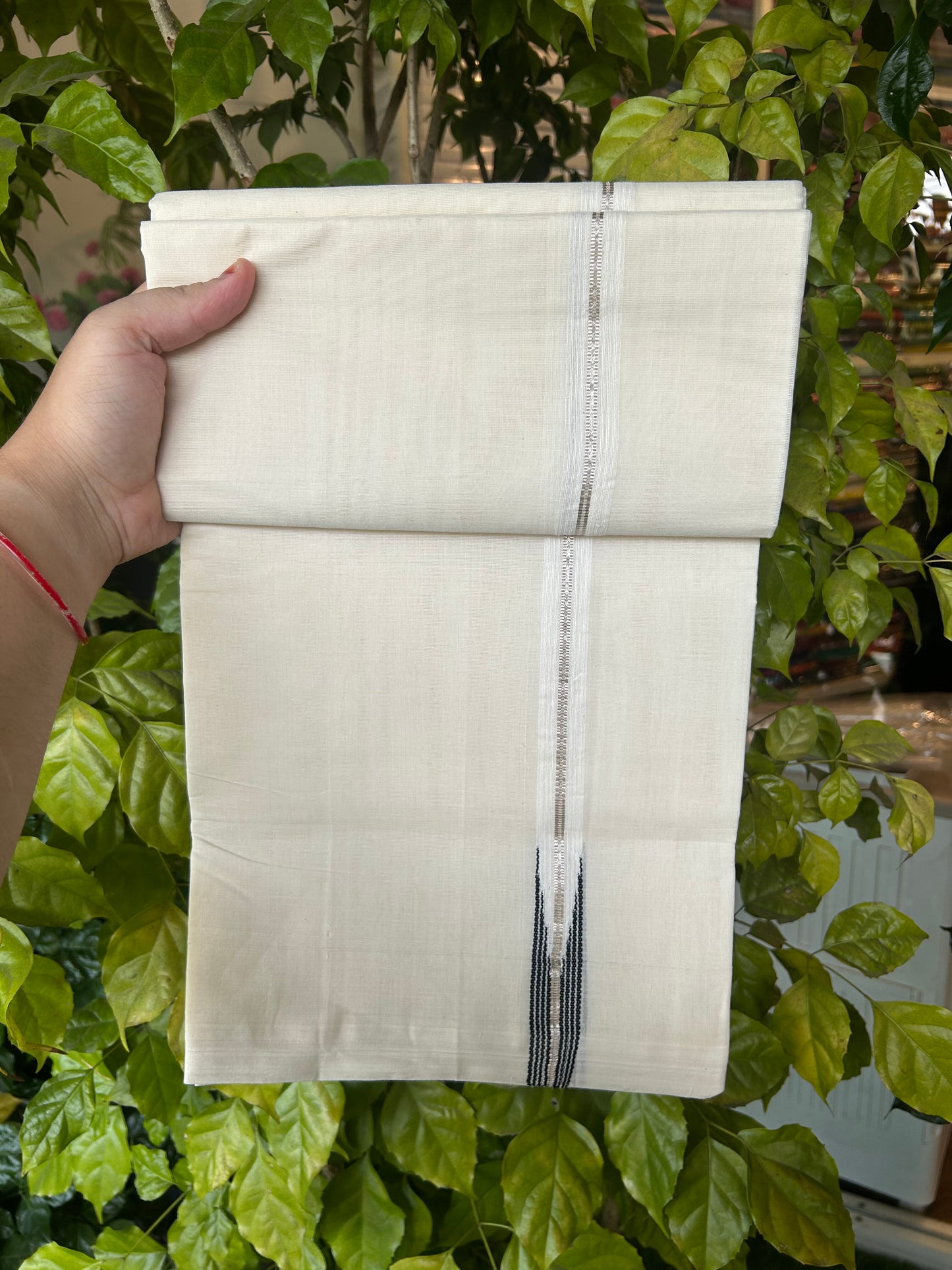 25% Discount ! KaithariKada Handloom Millpaav Kerala Handloom - 100% Pure Cotton Off White Double (Unbleached) Mundu/Dothi - 80X90 - 1 inch Puliyilakkara Silver Kasav & Black Stripes chutty Kara 4 mtr (8.5 Muzham) - 11 KK5376 RAM