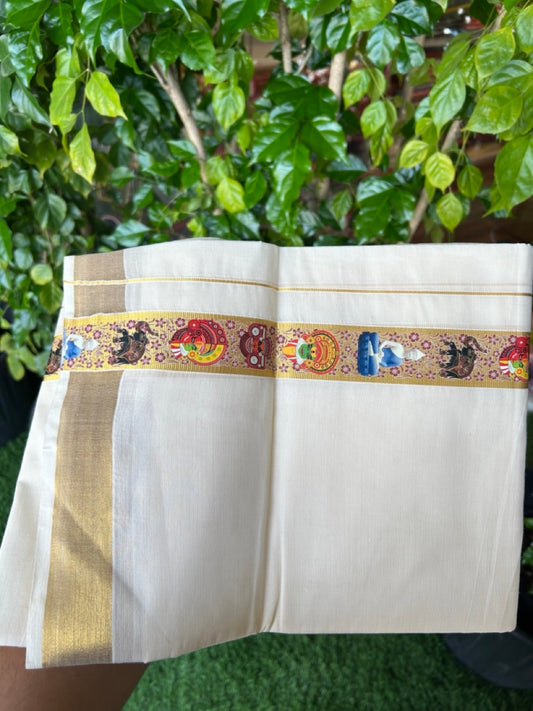 20% Discount!! KaithariKada Balaramapuram Mixed Cotton DOUBLE OFF WHITE - (Unbleached) Mundu/Dhoti - 80x72 - 1.5 inch Kasavu  Buddha  Kadhakali  Theyyam  printed Kara - 107KK5227 PMC