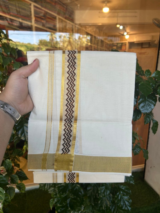 22% Discount!! KaithariKada Balaramapuram 100% Cotton Double Off White - (Ubleached) Mundu/Dhoti - 80x80 - 1.5 inch Gold Kasavu & Brown Printed Design Kara - 4 mtr (8 muzham)- 35 KK5253 GAN