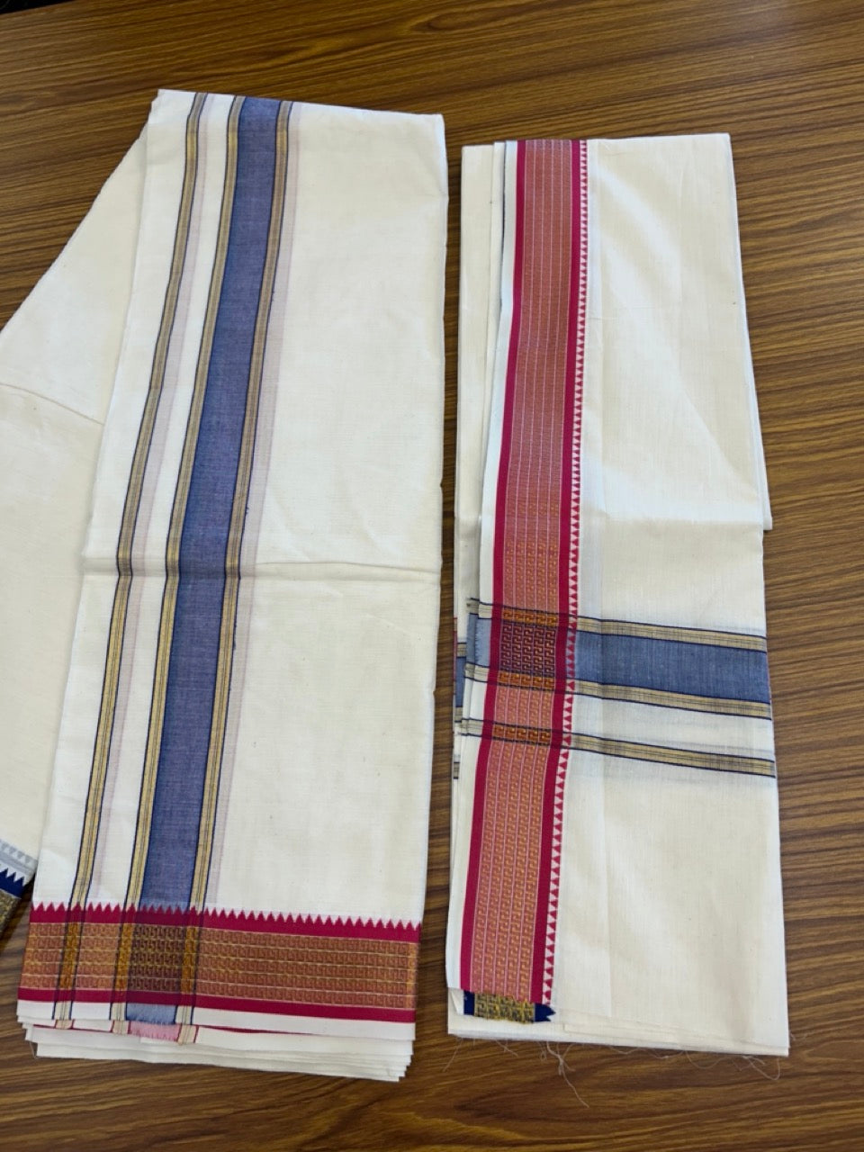 20% Discount! KaithariKada Mixed Cotton Off White - (Unbleached) 80x90 thread - North Indian - Gamcha 8x4 - 2 inch kara with Blue & Rani Pink Gold Kasav Jacquard border - 15 KK5303 PMC