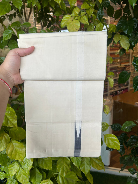 25% Discount ! KaithariKada Handloom Millpaav Kerala Handloom - 100% Pure Cotton Off White Double - (Unbleached) Mundu/Dothi - 80X90 - 0.75 inch Puliyilakkara Navy Blue chutty Kara 4 mtr (8.5 Muzham) - 15 KK5376 RAM