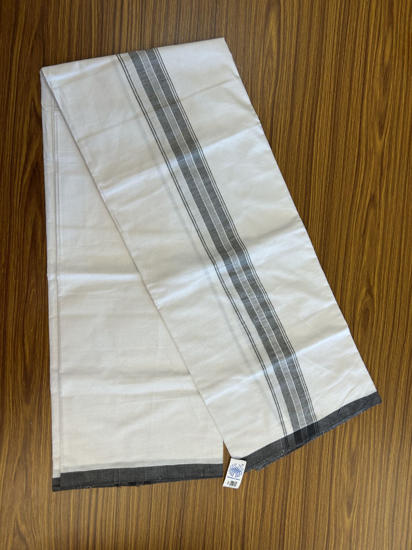 Kerala Handloom - Signature Kaitharikada - Government Sealed Hallmarked - 100% Pure Cotton 2/60X40s Thread - Light White Single Mundu / Dhoti - 2 inch Black Striped Kara - 3 KK8046 KAL