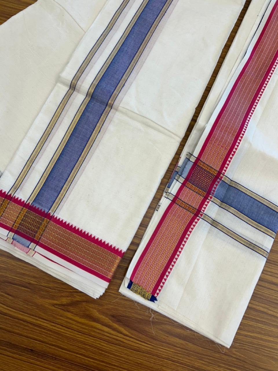 20% Discount! KaithariKada Mixed Cotton Off White - (Unbleached) 80x90 thread - North Indian - Gamcha 8x4 - 2 inch kara with Blue & Rani Pink Gold Kasav Jacquard border - 15 KK5303 PMC