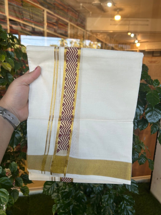 22% Discount!! KaithariKada Balaramapuram 100% Cotton Double Off White - (Ubleached) Mundu/Dhoti - 80x80 - 1.5 inch Gold Kasavu & Maroon Printed Design Kara - 4 mtr (8 muzham)- 34 KK5253 GAN