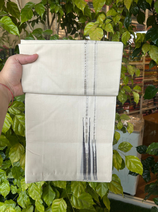 25% Discount! KaithariKada Handloom Millpaav Kerala Handloom - 100% Pure Cotton Off White Double (Unbleached) Mundu/Dothi - 80X90 -1 inch Puliyilakkara Silver Kasav & Brown Double chutty 4 mtr (8.5 Muzham) - 5 KK5376 RAM