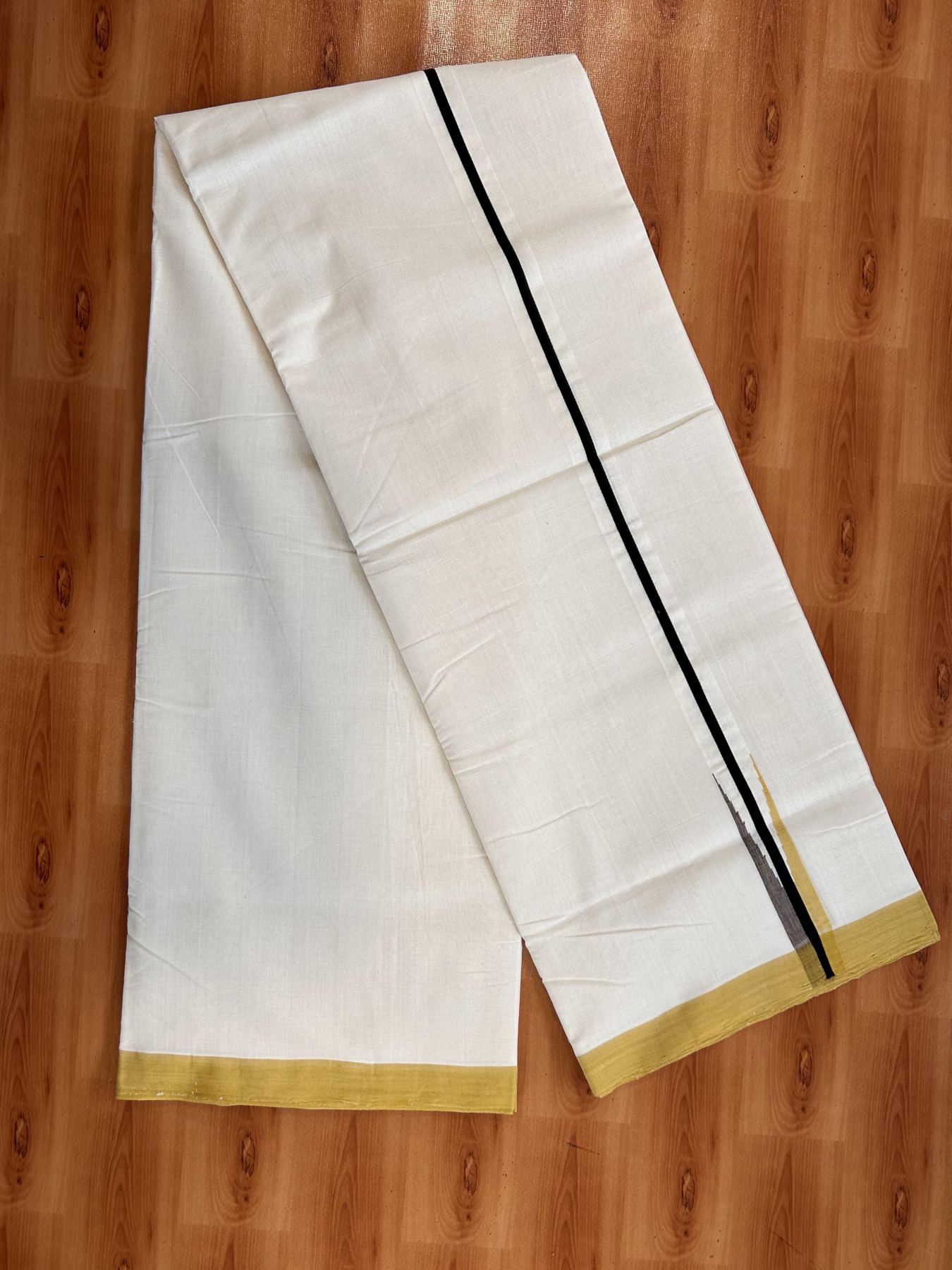Double Off White (Unbleached) Mundu/Dhoti - 25% Discount!! KaithariKada Handloom Unakkupaav - Kerala Handloom - 100% Pure Cotton - 100x80 - 1 inch Black, Golden Yellow & Brown with Multi Colour Chutty Kara 4 meter (8.5 muzham) - 11 KK5436 REA