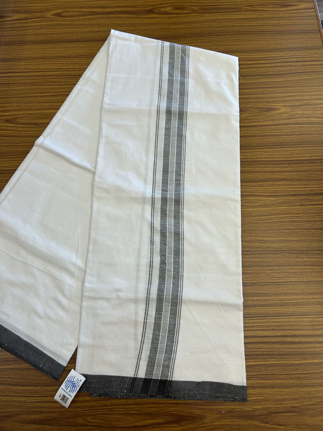 Kerala Handloom - Signature Kaitharikada - Government Sealed Hallmarked - 100% Pure Cotton 2/60X40s Thread - Light White Single Mundu / Dhoti - 2 inch Black Striped Kara - 3 KK8046 KAL