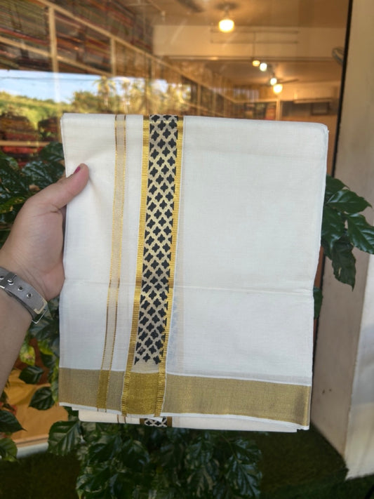 22% Discount!! KaithariKada Balaramapuram 100% Cotton Double Off White - (Ubleached) Mundu/Dhoti - 80x80 - 1.5 inch Gold Kasavu & Black Printed Design Kara - 4 mtr (8 muzham)- 33 KK5253 GAN