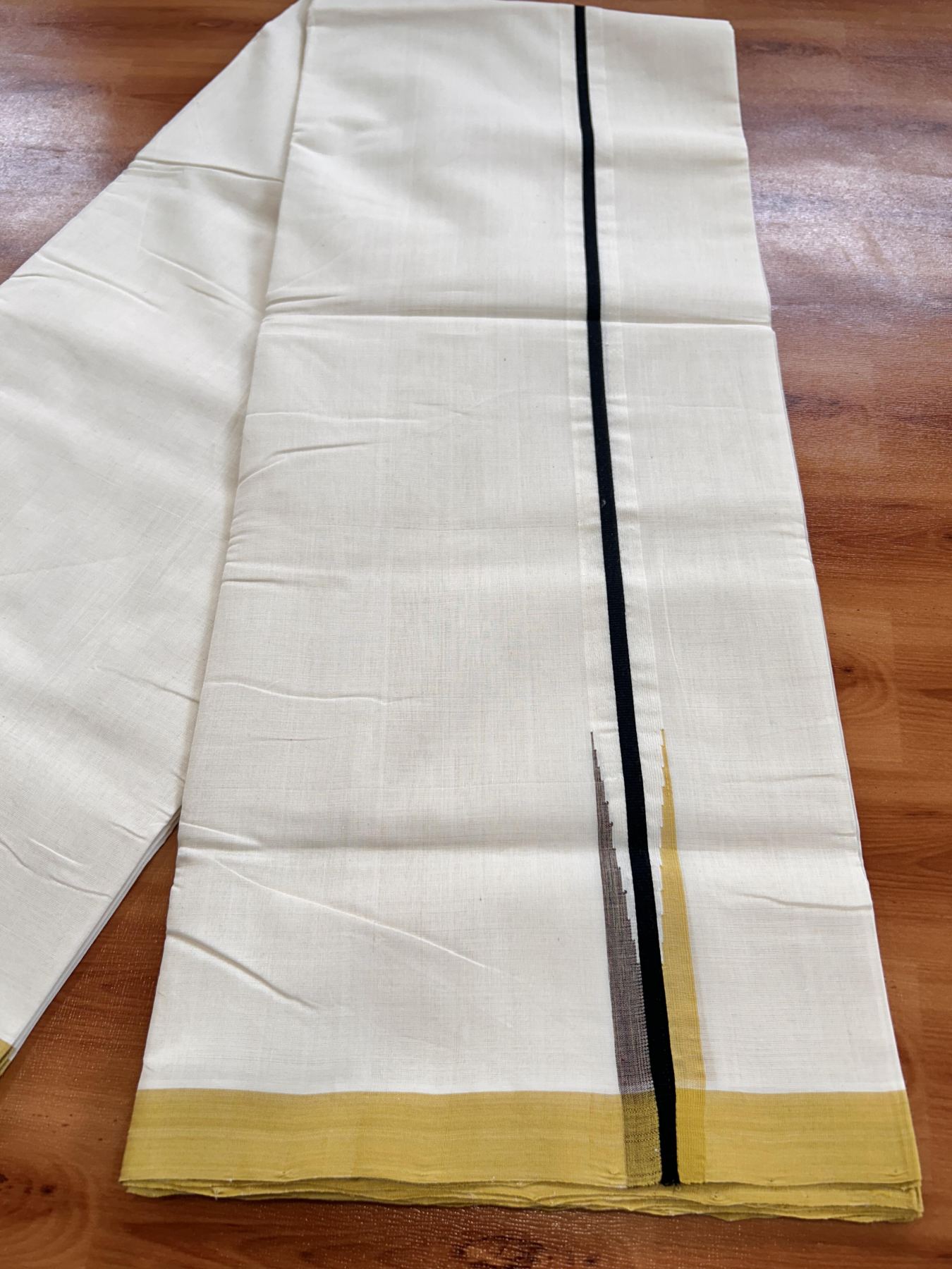 Double Off White (Unbleached) Mundu/Dhoti - 25% Discount!! KaithariKada Handloom Unakkupaav - Kerala Handloom - 100% Pure Cotton - 100x80 - 1 inch Black, Golden Yellow & Brown with Multi Colour Chutty Kara 4 meter (8.5 muzham) - 11 KK5436 REA