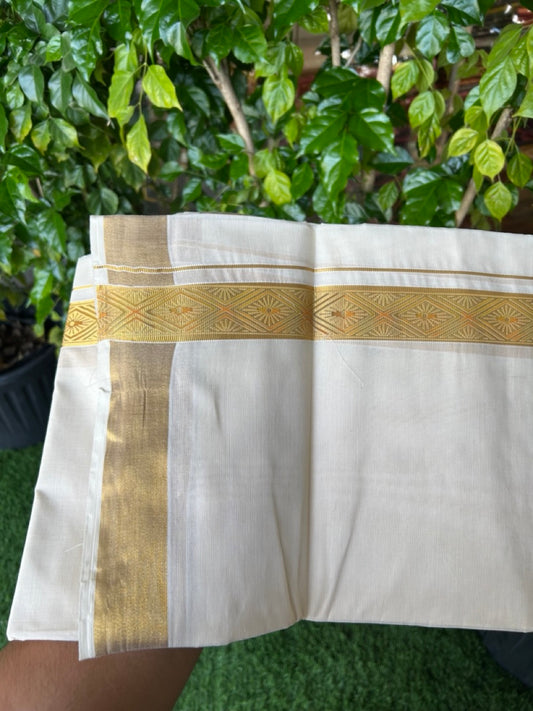 20% Discount!! KaithariKada Balaramapuram Mixed Cotton DOUBLE OFF WHITE - (Unbleached) Mundu/Dhoti - 80x72 - 1.25 inch Kasavu Mustard yellow & light green  printed Kara - 104KK5227 PMC