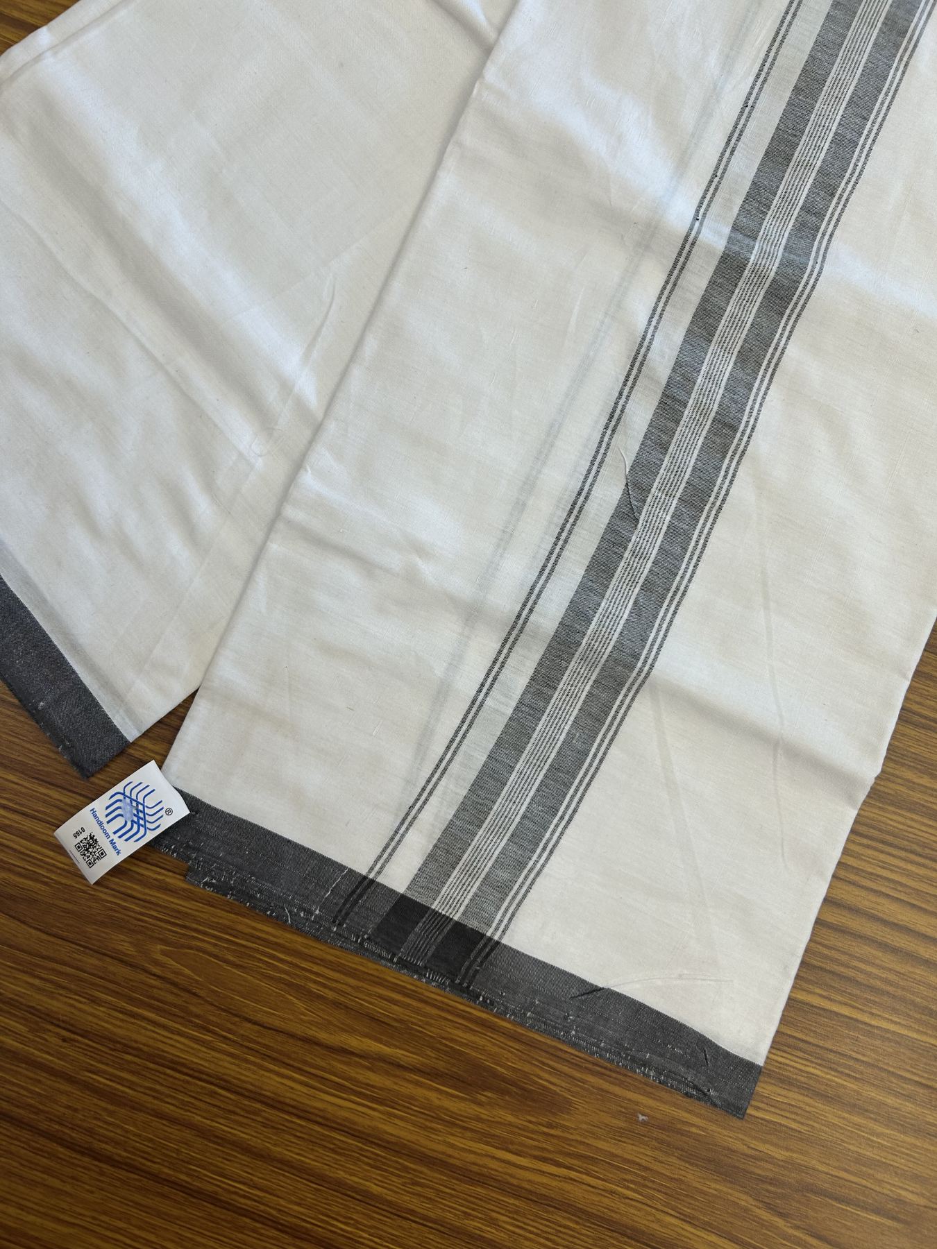 Kerala Handloom - Signature Kaitharikada - Government Sealed Hallmarked - 100% Pure Cotton 2/60X40s Thread - Light White Single Mundu / Dhoti - 2 inch Black Striped Kara - 3 KK8046 KAL