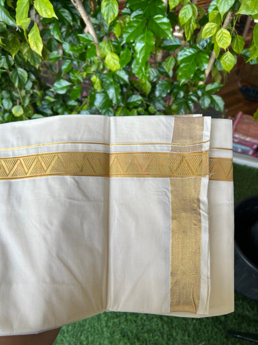 20% Discount!! KaithariKada Balaramapuram Mixed Cotton DOUBLE OFF WHITE - (Unbleached) Mundu/Dhoti - 80x72 - 1.25 inch Kasavu Mustard yellow & light green  printed Kara - 103KK5227 PMC