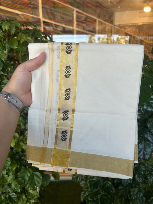 22% Discount!! KaithariKada Balaramapuram 100% Cotton Double Off White - (Ubleached) Mundu/Dhoti - 80x80 - 1.5 inch Gold Kasavu & Black Printed Design Kara - 4 mtr (8 muzham)- 32 KK5253 GAN