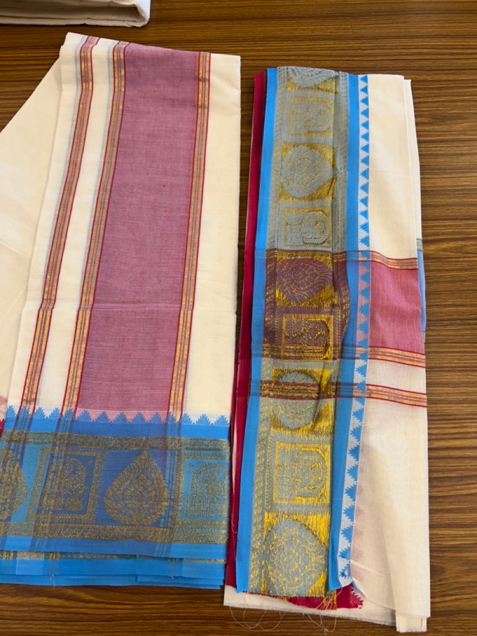 20% Discount! KaithariKada Mixed Cotton Off White - (Unbleached) 80x90 thread - North Indian - Gamcha 8x4 - 4 inch kara with Light Blue & Rani Pink Gold Kasav Jacquard border - 13 KK5303 PMC
