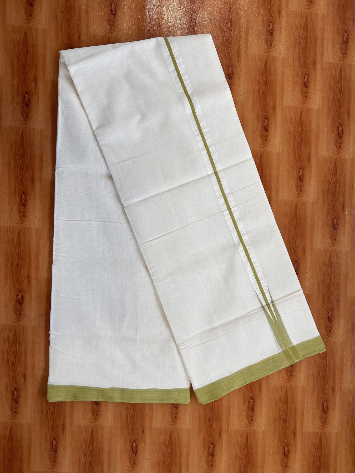 Double Off White (Unbleached) Mundu/Dhoti - 25% Discount!! KaithariKada Handloom Unakkupaav - Kerala Handloom - 100% Pure Cotton - 100x80 - 1 inch Light Olive Green Chutty Kara 4 meter (8.5 muzham) - 7 KK5436 REA