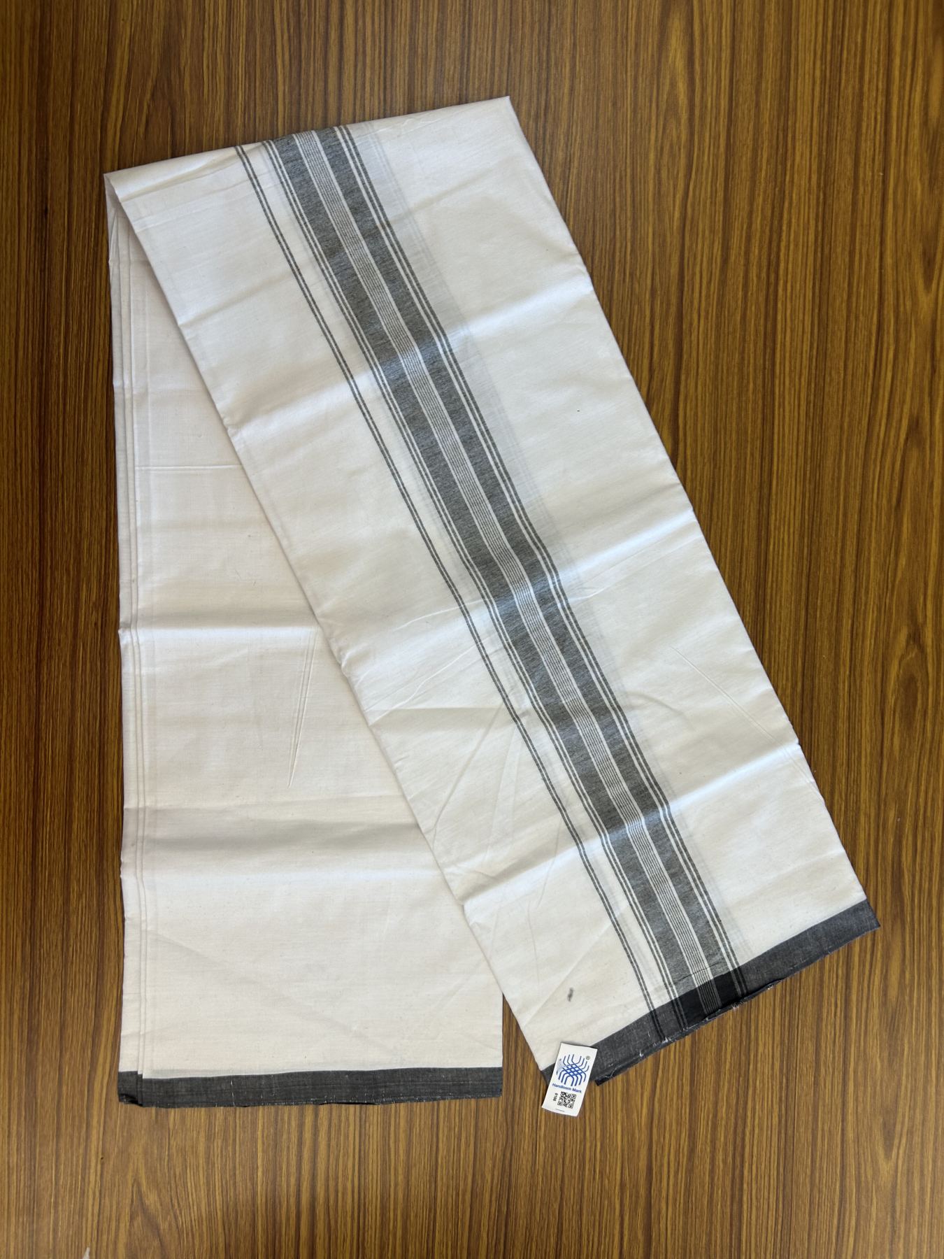 Kerala Handloom - Signature Kaitharikada - Government Sealed Hallmarked - 100% Pure Cotton 2/60X40s Thread - Light White Single Mundu / Dhoti - 2 inch Black Striped Kara - 5 KK8046 KAL