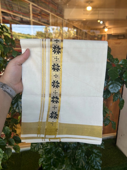 22% Discount!! KaithariKada Balaramapuram 100% Cotton Double Off White - (Ubleached) Mundu/Dhoti - 80x80 - 1.5 inch Gold Kasavu & Black Flower Printed Design Kara - 4 mtr (8 muzham)- 31 KK5253 GAN