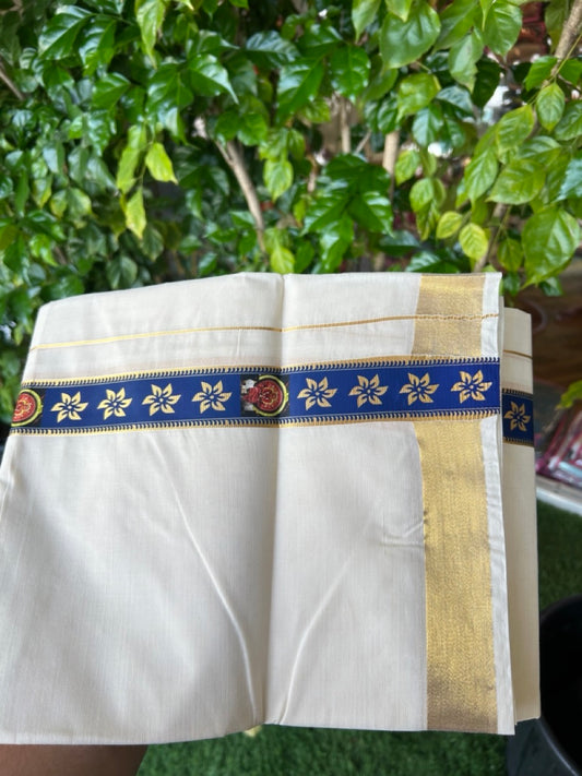 20% Discount!! KaithariKada Balaramapuram Mixed Cotton DOUBLE OFF WHITE - (Unbleached) Mundu/Dhoti - 80x72 - 1.25 inch Kasavu & Navy blue with Theyyam printed  Kara - 102KK5227 PMC