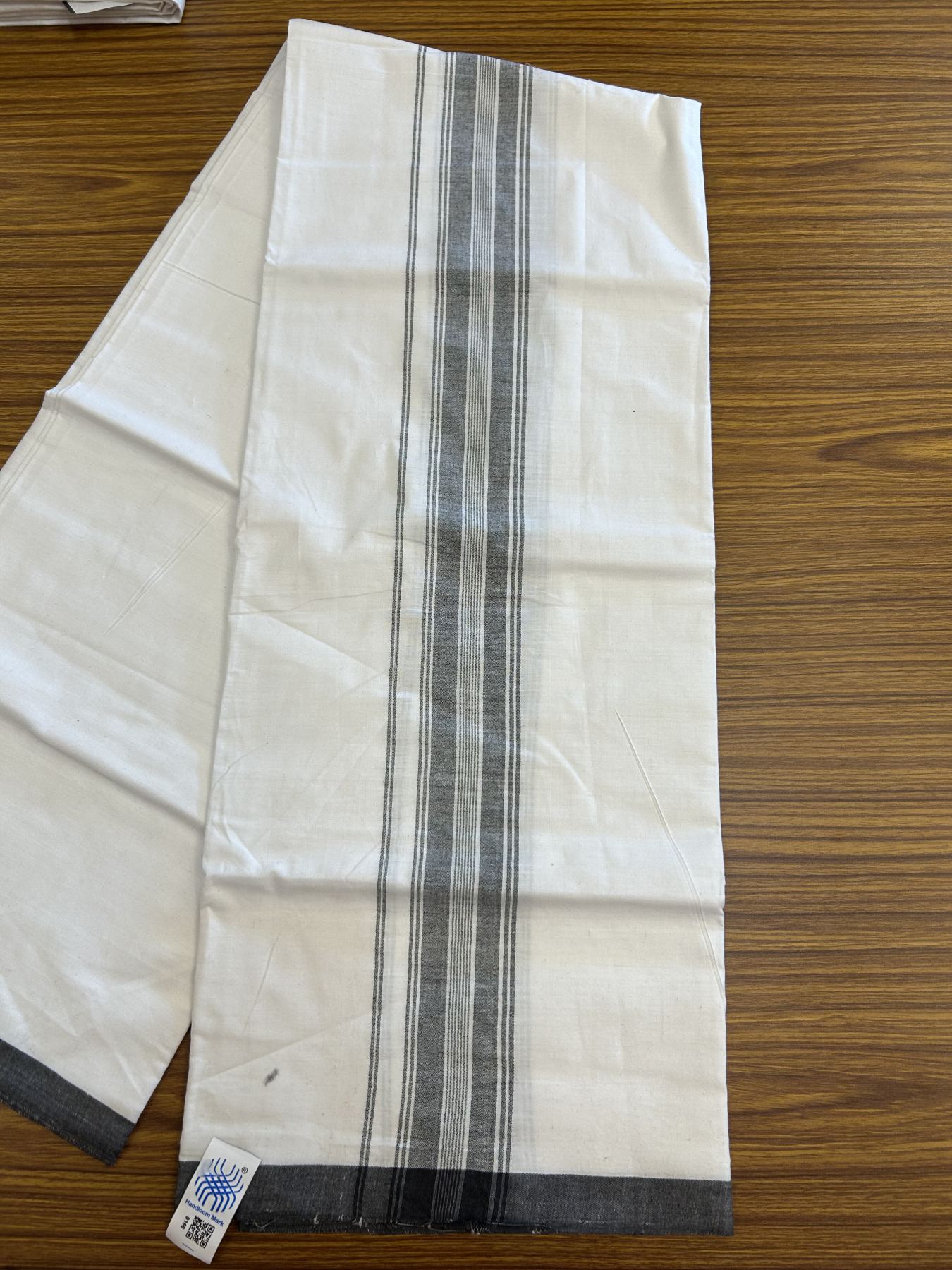 Kerala Handloom - Signature Kaitharikada - Government Sealed Hallmarked - 100% Pure Cotton 2/60X40s Thread - Light White Single Mundu / Dhoti - 2 inch Black Striped Kara - 5 KK8046 KAL