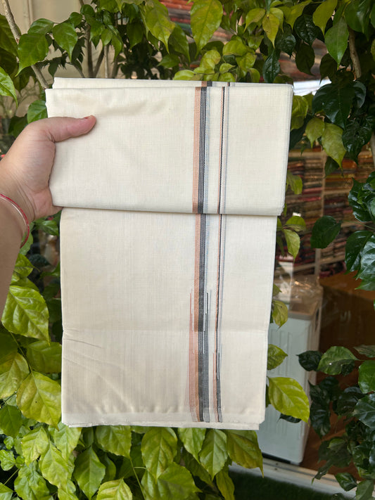 25% Discount ! KaithariKada Handloom Millpaav Kerala Handloom - 100% Pure Cotton Off White Double (Unbleached) Mundu/Dothi - 80X90 - 1 inch Puliyilakkara Silver Kasav Black & Creamy Peach Stripes chutty Kara 4 mtr (8.5 Muzham) - 17 KK5376 RAM