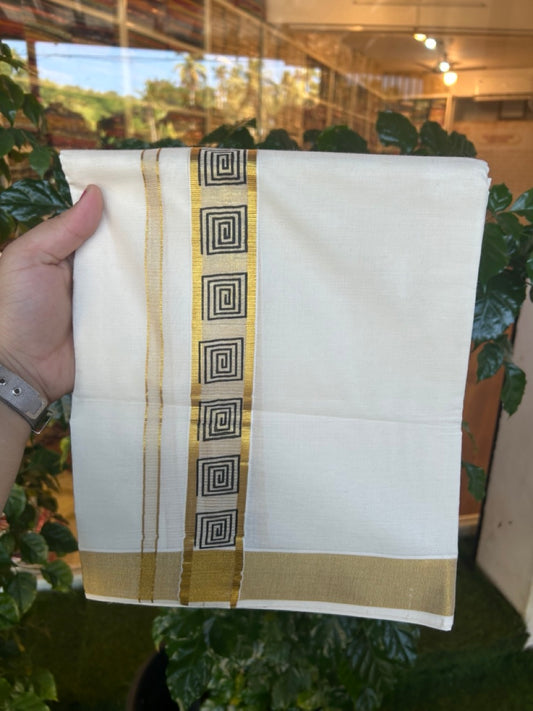 22% Discount!! KaithariKada Balaramapuram 100% Cotton Double Off White - (Ubleached) Mundu/Dhoti - 80x80 - 1.5 inch Gold Kasavu & Black Printed Design Kara - 4 mtr (8 muzham)- 30 KK5253 GAN