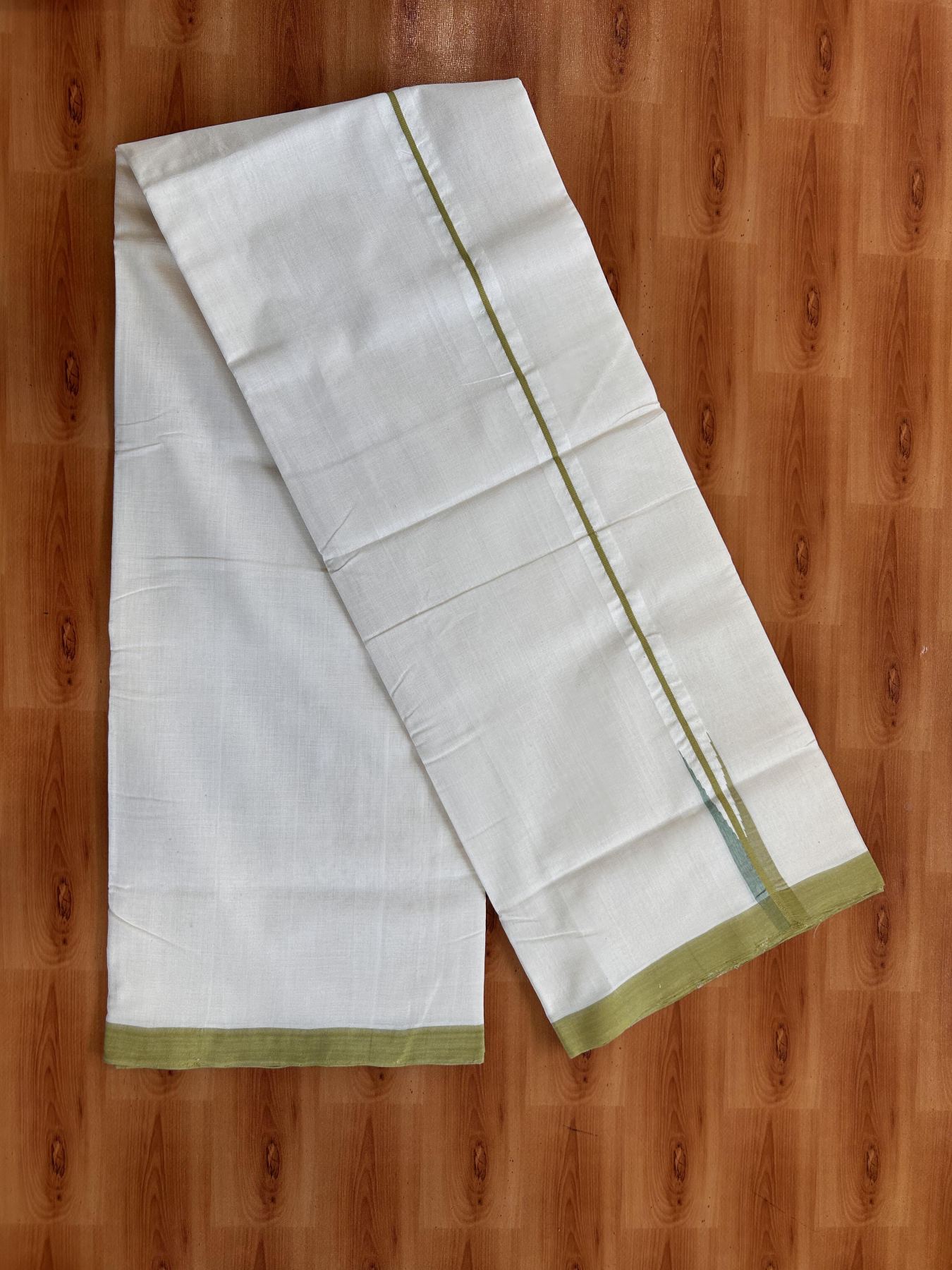 Double Off White (Unbleached) Mundu/Dhoti - 25% Discount!! KaithariKada Handloom Unakkupaav - Kerala Handloom - 100% Pure Cotton - 100x80 - 1 inch Light Olive Green & Multi Colour Chutty Kara 4 meter (8.5 muzham) - 8 KK5436 REA