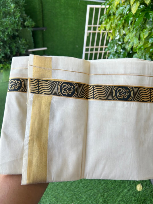 20% Discount!! KaithariKada Balaramapuram Mixed Cotton DOUBLE OFF WHITE - (Unbleached) Mundu/Dhoti - 80x72 - 1.5 inch Kasavu & Black ganapathy Pattern printed Design Kara - 101KK5227 PMC