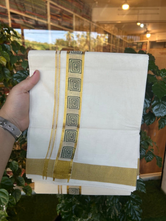22% Discount!! KaithariKada Balaramapuram 100% Cotton Double Off White - (Ubleached) Mundu/Dhoti - 80x80 - 1.5 inch Gold Kasavu & Green Printed Design Kara - 4 mtr (8 muzham)- 29 KK5253 GAN