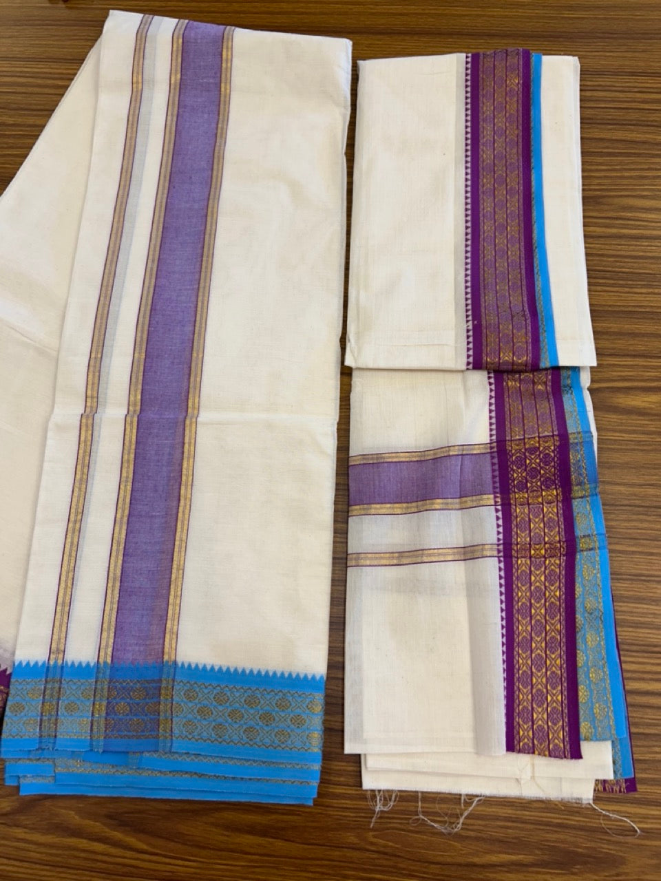 20% Discount! KaithariKada Mixed Cotton Off White - (Unbleached) 80x90 thread - North Indian - Gamcha 8x4 - 2.25 inch kara with Purple & Light Blue Gold Kasav Jacquard border - 23 KK5303 PMC