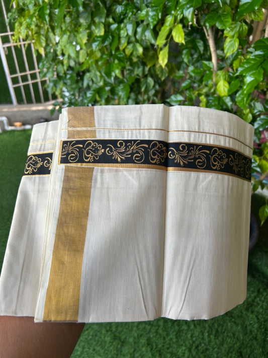 20% Discount!! KaithariKada Balaramapuram Mixed Cotton DOUBLE OFF WHITE - (Unbleached) Mundu/Dhoti - 80x72 - 1.25 inch Kasavu & Black ganapathy Pattern printed Design Kara - 100KK5227 PMC