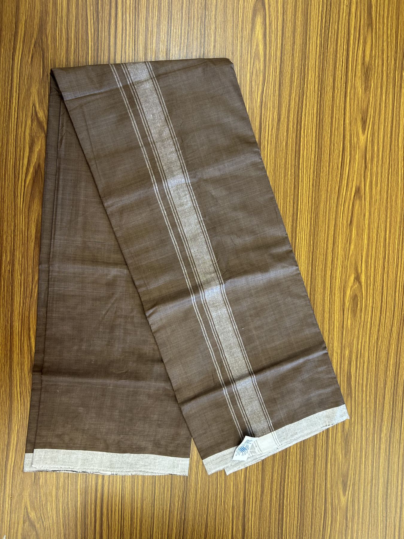 Kerala Handloom - Signature Kaitharikada - Government Sealed Hallmarked - 100% Pure Cotton 2/60x40s Thread - Single Mundu / Dhoti - 1.5 inch White Shaded Striped Kara with Brown colour Body - 11 KK8046 KAL