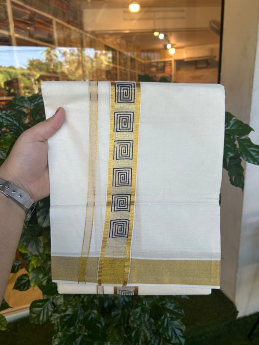 22% Discount!! KaithariKada Balaramapuram 100% Cotton Double Off White - (Ubleached) Mundu/Dhoti - 80x80 - 1.5 inch Gold Kasavu & Navy Blue Printed Design Kara - 4 mtr (8 muzham)- 28 KK5253 GAN