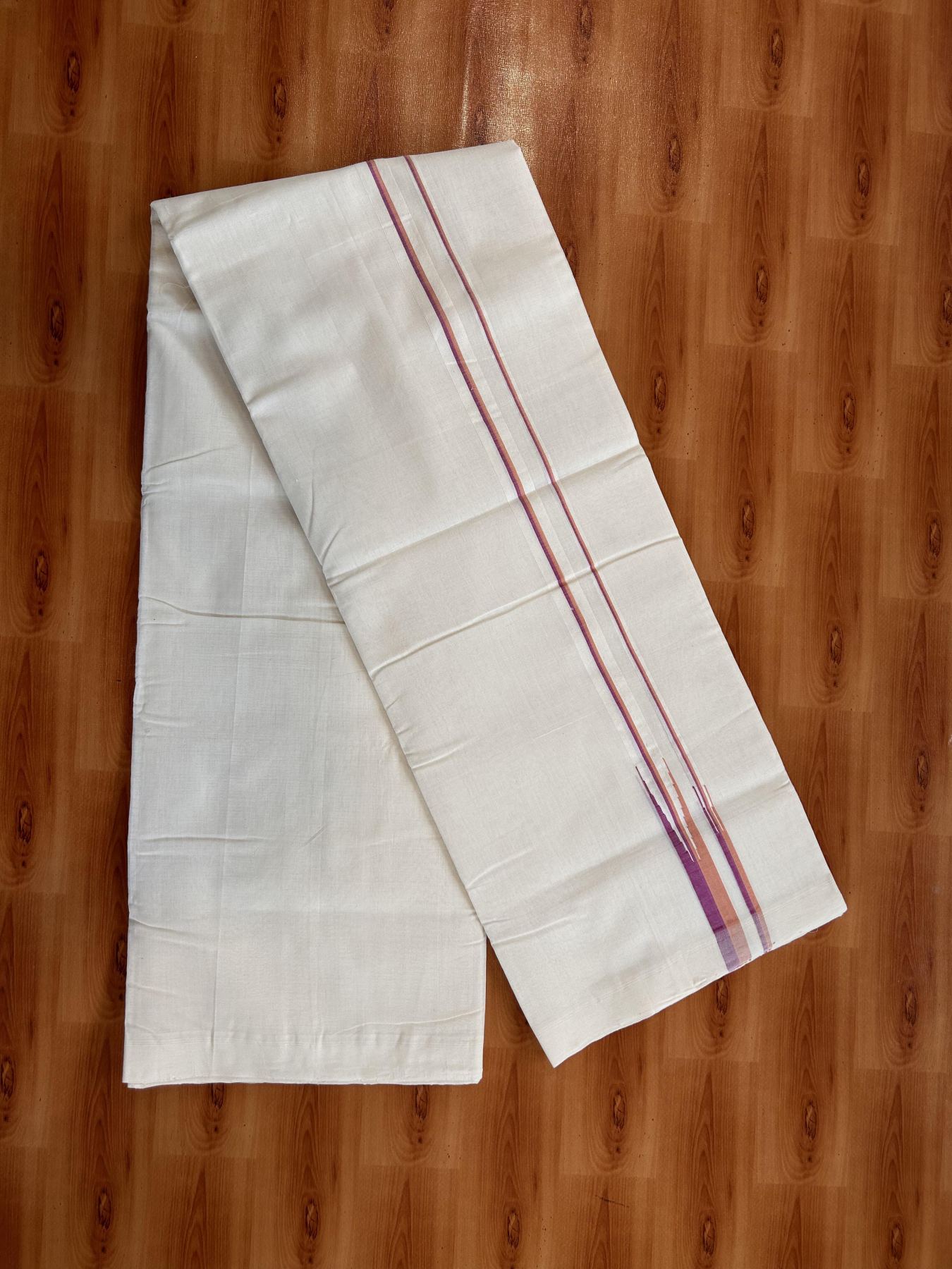 Double Off White (Unbleached) Mundu/Dhoti - 25% Discount!! KaithariKada Handloom Unakkupaav - Kerala Handloom - 100% Pure Cotton - 100x80 - 0.75 inch Orange & Purple Double Chutty Kara 4 meter (8.5 muzham) - 9 KK5436 REA