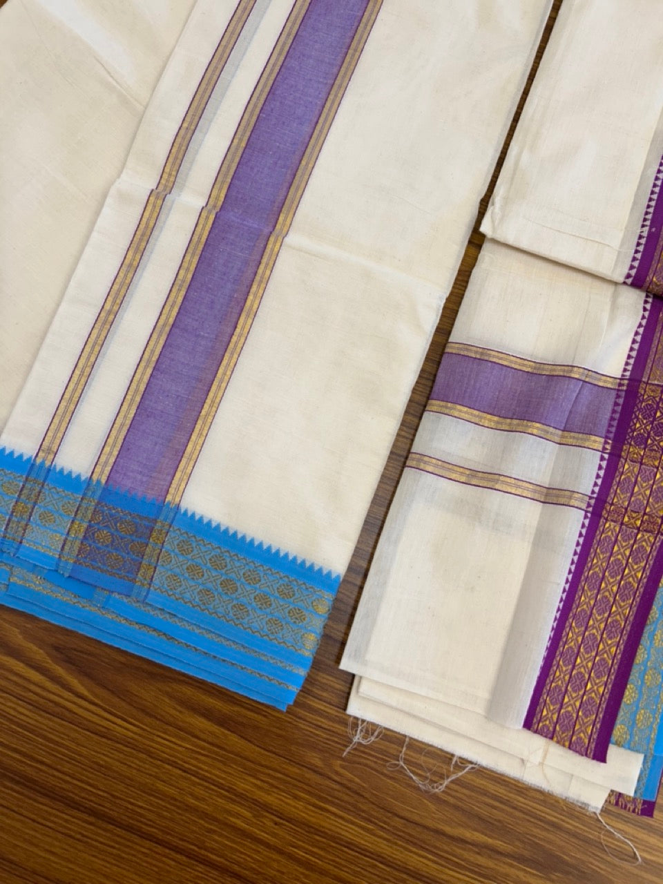 20% Discount! KaithariKada Mixed Cotton Off White - (Unbleached) 80x90 thread - North Indian - Gamcha 8x4 - 2.25 inch kara with Purple & Light Blue Gold Kasav Jacquard border - 23 KK5303 PMC