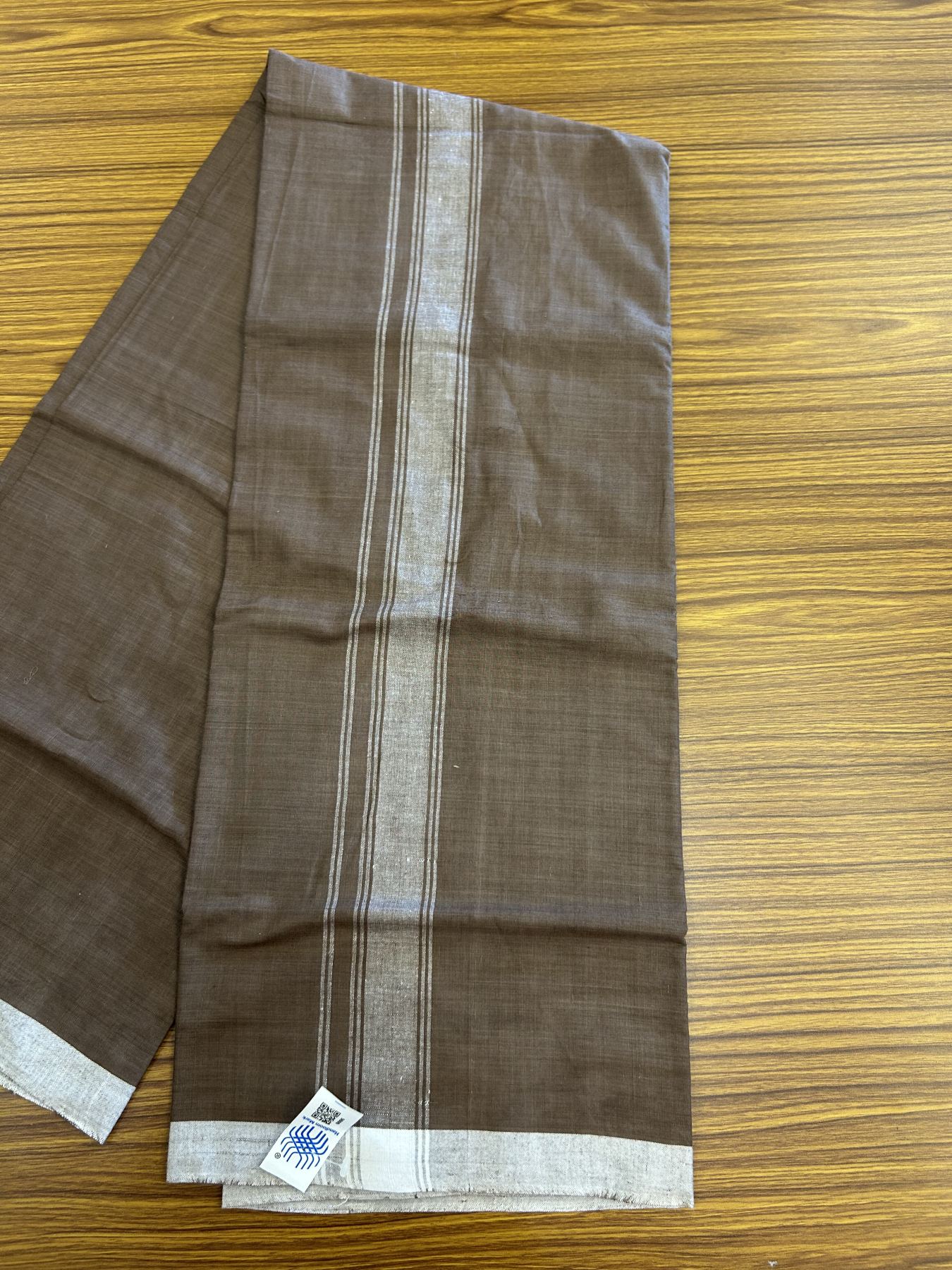 Kerala Handloom - Signature Kaitharikada - Government Sealed Hallmarked - 100% Pure Cotton 2/60x40s Thread - Single Mundu / Dhoti - 1.5 inch White Shaded Striped Kara with Brown colour Body - 11 KK8046 KAL