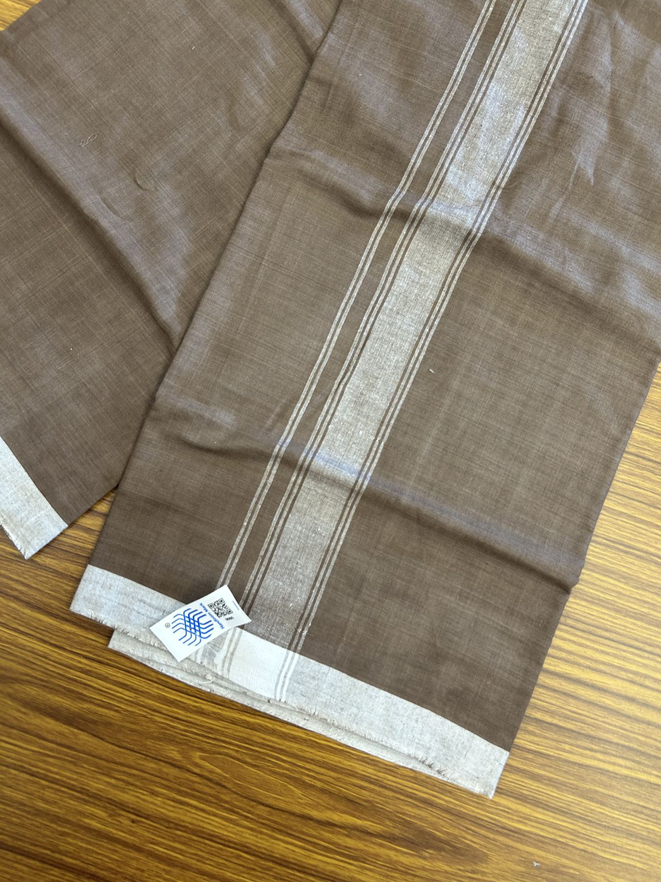 Kerala Handloom - Signature Kaitharikada - Government Sealed Hallmarked - 100% Pure Cotton 2/60x40s Thread - Single Mundu / Dhoti - 1.5 inch White Shaded Striped Kara with Brown colour Body - 11 KK8046 KAL