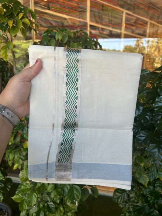 22% Discount!! KaithariKada Balaramapuram 100% Cotton Double Off White - (Ubleached) Mundu/Dhoti - 80x80 - 1.5 inch Silver Kasavu & Green Printed Design Kara - 4 mtr (8 muzham)- 26 KK5253 GAN