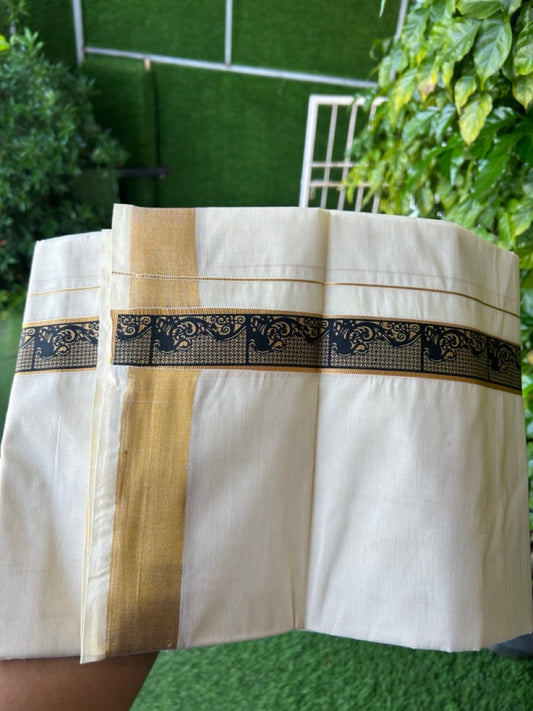 20% Discount!! KaithariKada Balaramapuram Mixed Cotton DOUBLE OFF WHITE - (Unbleached) Mundu/Dhoti - 80x72 - 1.5 inch Kasavu & Black Pattern Printed Design Kara - 98KK5227 PMC