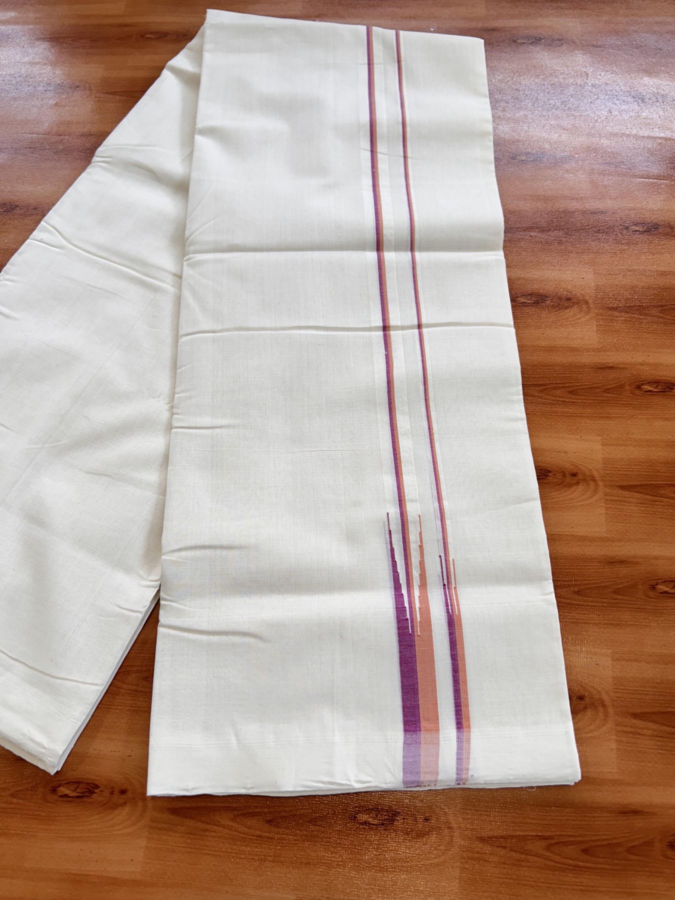 Double Off White (Unbleached) Mundu/Dhoti - 25% Discount!! KaithariKada Handloom Unakkupaav - Kerala Handloom - 100% Pure Cotton - 100x80 - 0.75 inch Orange & Purple Double Chutty Kara 4 meter (8.5 muzham) - 9 KK5436 REA