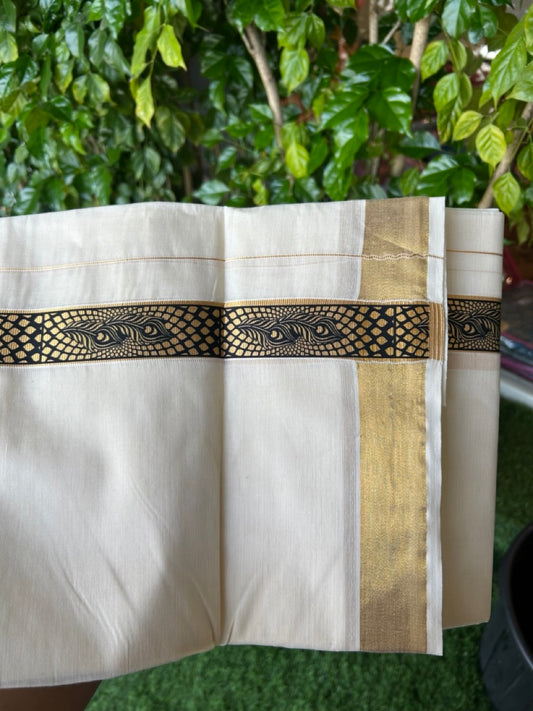 20% Discount!! KaithariKada Balaramapuram Mixed Cotton DOUBLE OFF WHITE - (Unbleached) Mundu/Dhoti - 80x72 - 1.25 inch Kasavu & Black Peacock feather Printed Design Kara - 97KK5227 PMC