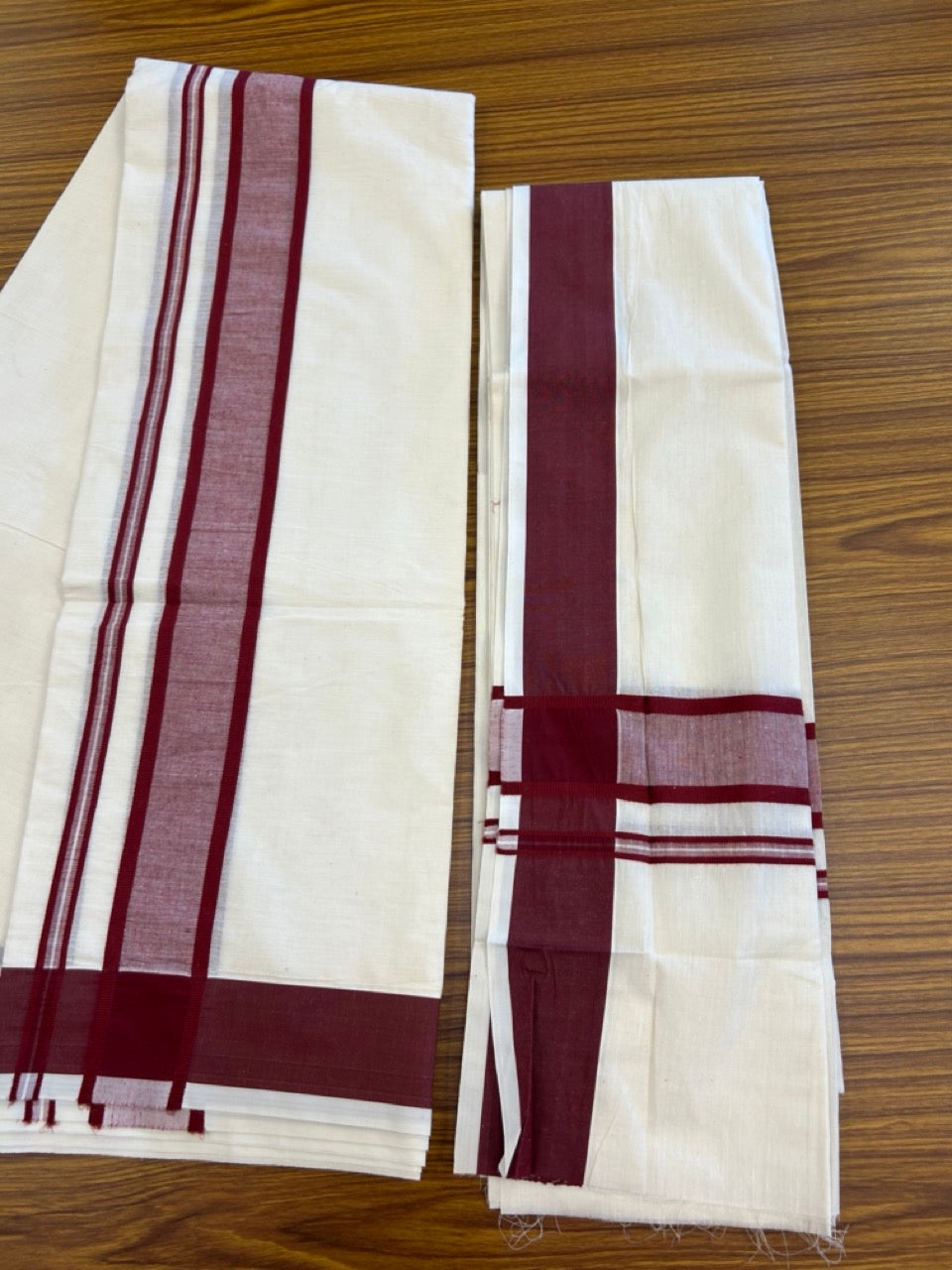 20% Discount! KaithariKada Mixed Cotton Off White - (Unbleached) 80x90 thread - North Indian - Gamcha 8x4 - 2 inch Maroon Shaded kara with Maroon border - 26 KK5303 PMC