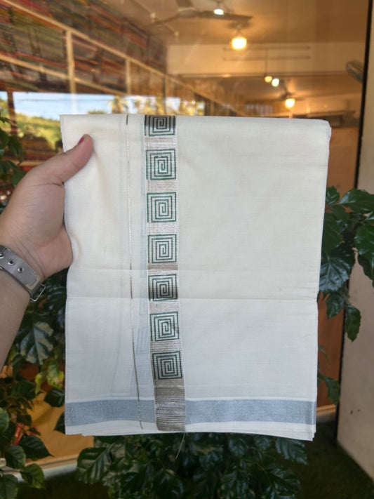 22% Discount!! KaithariKada Balaramapuram 100% Cotton Double Off White - (Ubleached) Mundu/Dhoti - 80x80 - 1 inch Silver Kasavu & Green Printed Design Kara - 4 mtr (8 muzham)- 24 KK5253 GAN