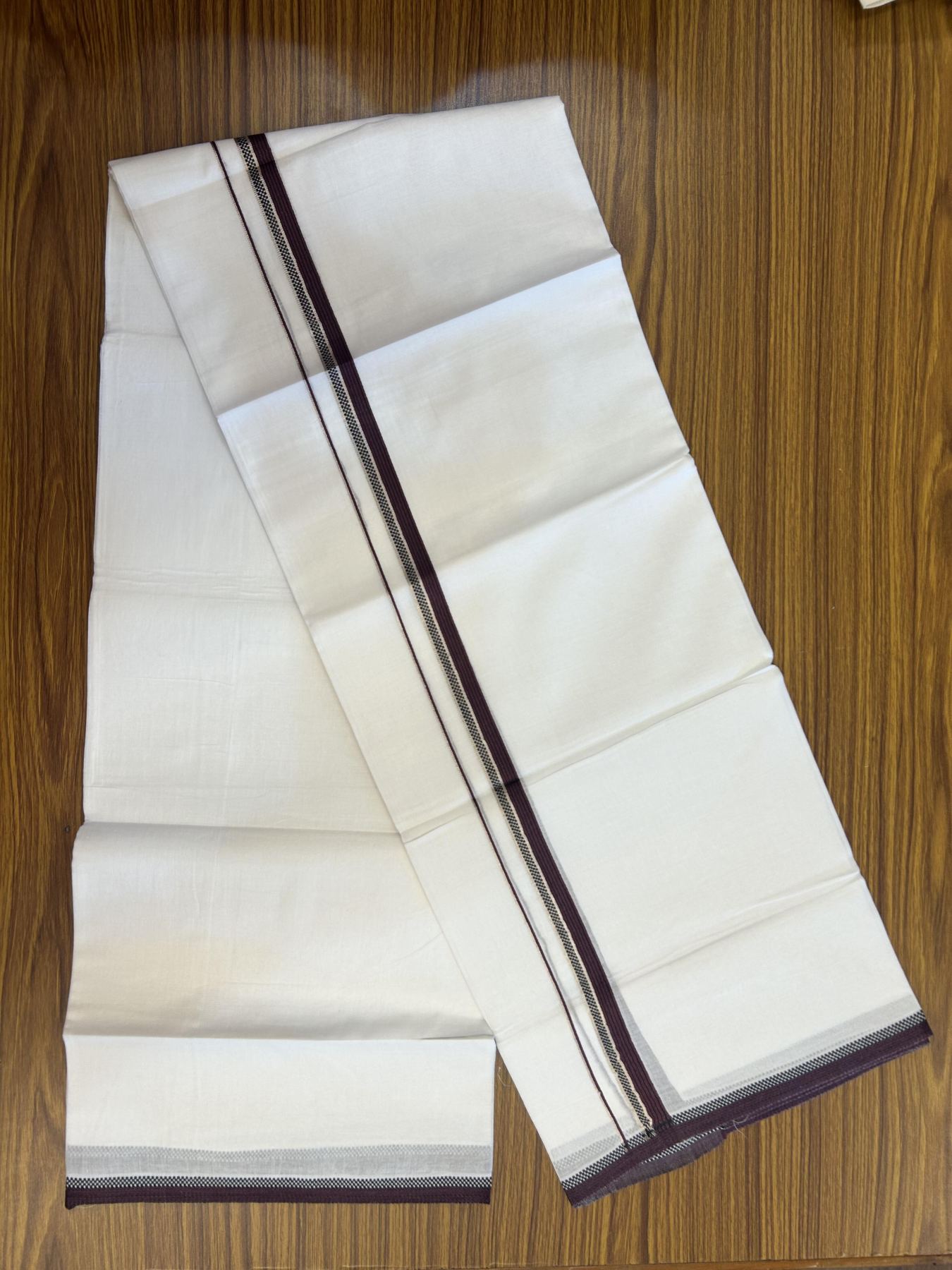 20% Discount!! Kaitharikada Balaramapuram 100% Pure Cotton Pure White Double Mundu/Dothi - 100x80 - 1.5 cm Silver Kasav Black & Dark Wine Purple Striped Kara - 3.90 m (8 muzham) - 45 KK5356 VAS