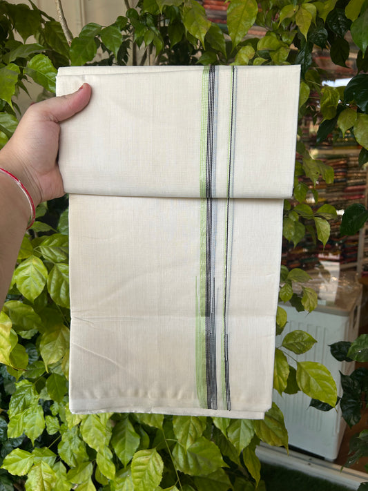 25% Discount ! KaithariKada Handloom Millpaav Kerala Handloom - 100% Pure Cotton Off White Double (Unbleached) Mundu/Dothi - 80X90 - 1 inch Puliyilakkara Silver Kasav Black & Light Green Stripes chutty Kara 4 mtr (8.5 Muzham) - 16 KK5376 RAM