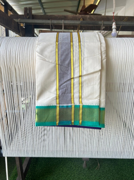20% DISCOUNT! KaithariKada 100% Cotton OFF WHITE - (Unbleached) 100x80 thread - NORTH INDIAN- ATTACHED GAMCHA 9x5 Dhoti - 2.25 inch Brown kara with Dark Violet & Jade Green Kasavu border - 107KK5227 PMC