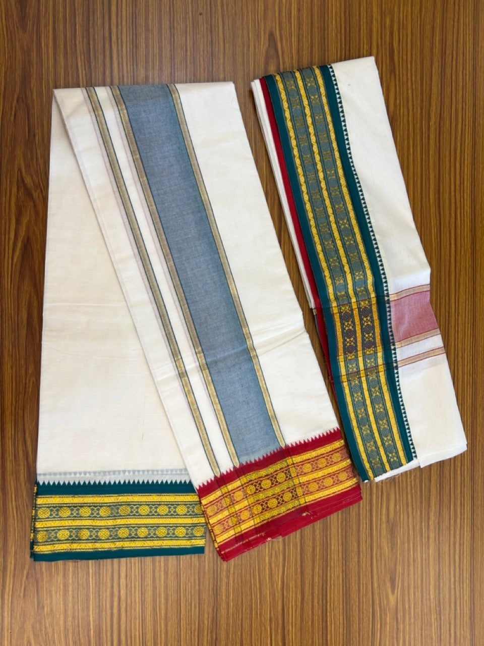 20% Discount! KaithariKada Mixed Cotton Off White - (Unbleached) 80x90 thread - North Indian - Gamcha 8x4 - 3.25 inch kara with Green & Red Gold Kasav Jacquard border - 19 KK5303 PMC