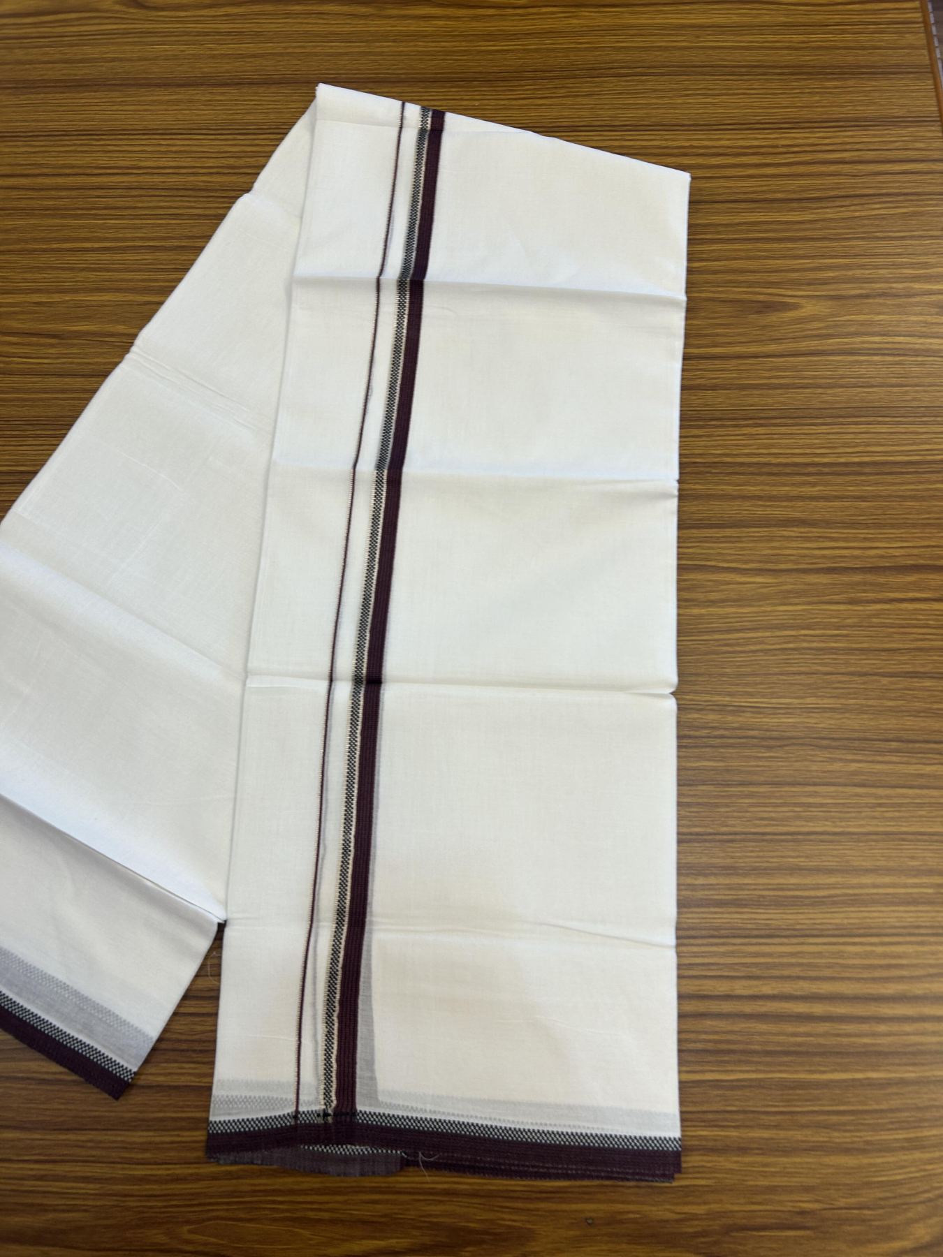 20% Discount!! Kaitharikada Balaramapuram 100% Pure Cotton Pure White Double Mundu/Dothi - 100x80 - 1.5 cm Silver Kasav Black & Dark Wine Purple Striped Kara - 3.90 m (8 muzham) - 45 KK5356 VAS